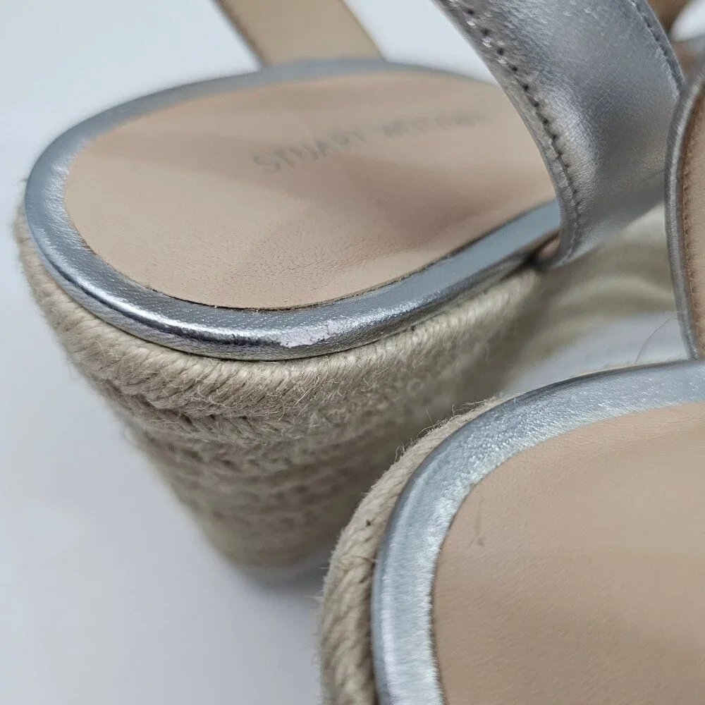 Stuart Weitzman Catalina Espadrille Wedge Sandal Size 10 Silver Leather Platform - Picture 12 of 16